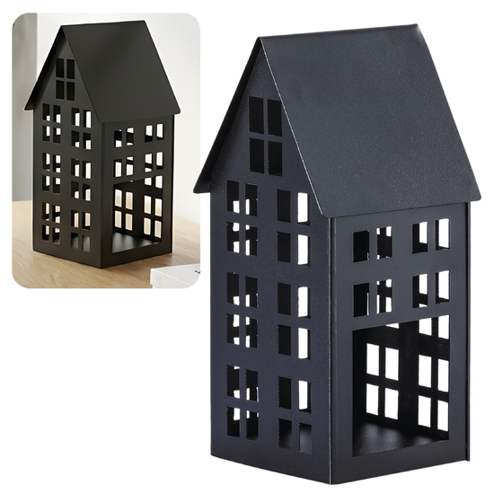 Lampion metalowy domek czarny 33 cm dekoracja wnętrz i ogrodu HGDECO