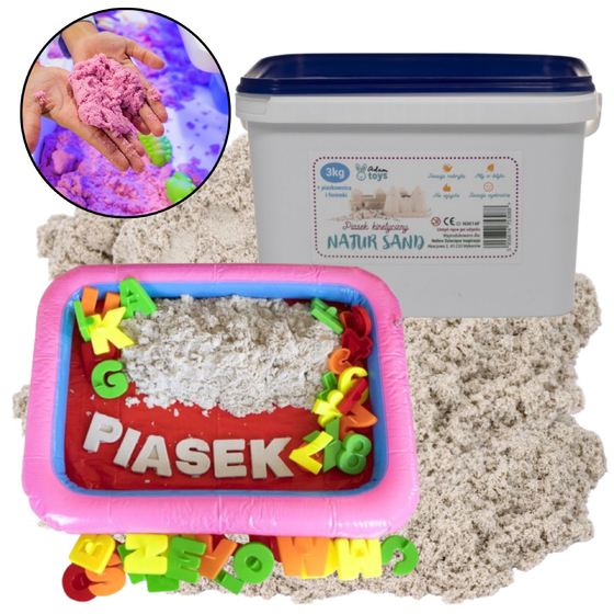 Piasek kinetyczny 3 kg + foremki literki + piaskownicą ADAM TOYS