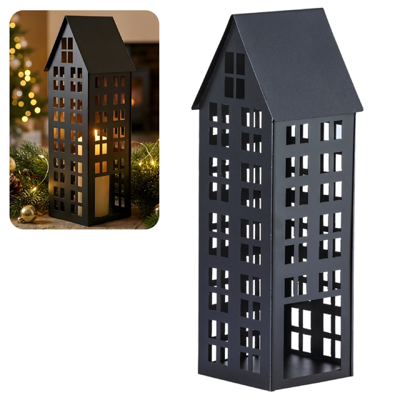 Lampion metalowy domek czarny 47 cm dekoracja wnętrz i ogrodu HGDECO