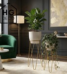 Zestaw: metalowy stojak na doniczkę MALMO 73 cm złoty + ceramiczna osłonka HGDECO