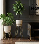 Zestaw: metalowy stojak na doniczkę MALMO 43 cm złoty + ceramiczna osłonka HGDECO